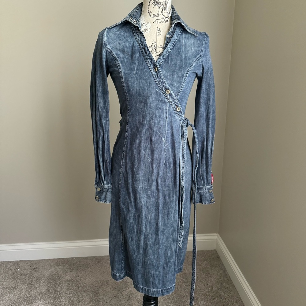 Vintage Miss Sixty Blue Jean Wrap Midi Dress - Small